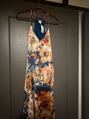 Nicole Miller Floral Maxi Dress in Teal and Rust Tones